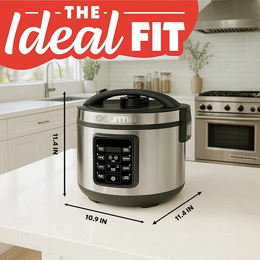 Gourmia Rice Cooker – 5 Qt Capacity, 20 Cup Cooked, 10 Cup Uncooked, Digital Controls, 6 Cooking Presets, Grain Cooker & Steamer, Nonstick Pot, Steam Tray, Delay Timer, Keep Warm, Stainless Steel