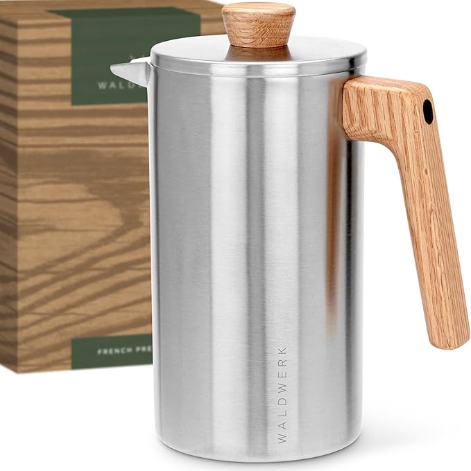 WALDWERK French Press (34 oz) - Non-Toxic Stainless Steel Double Wall French Press Coffee Maker - Plastic Free Coffee Press with Oak Wood Handle - Insulated Stainless Steel Coffee Maker - No Plastic