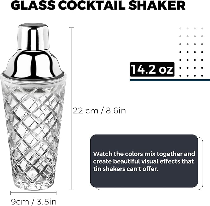 Glass Cocktail Shaker 14.2oz, Martini Shaker, Drink Shaker, Perfect for Handcrafted Cocktails, Martinis (Silver)