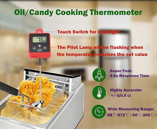Digital Candy Thermometer with Pot Clip,Alarm Function,10'' Long Probe,Rotatable Display, Programmable Instant Read Food Candy Thermometer for Candy Making,Candle Smoker, Oil Cooking
