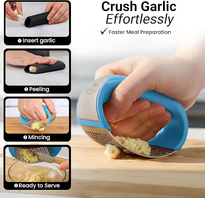 Zulay Kitchen Stainless Steel Garlic Press Rocker Set - Premium Garlic Mincer Garlic Crusher - New Innovative Garlic Crusher with Peeler and Scraper - Comfortable Grip (Blue)