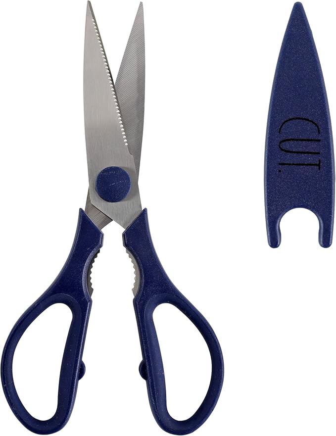 Rae Dunn Kitchen Scissors- Stainless Steel Kitchen Shears, Cooking Scissors for Cutting Meat, Chicken, Herbs and Produce with Blade Cover and Soft Grip Handles (Blue)