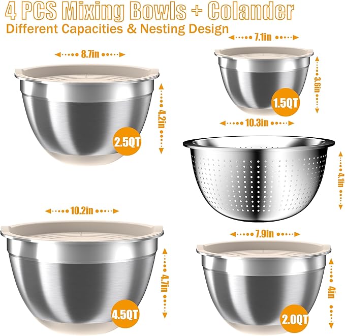 Mixing Bowls with Airtight Lids Set, 4 Stainless Steel Bowls Nesting Bowls & Colander, Kitchen Organizers and Storage Non-Slip Bottom, Size 1.5/2.0/2.5/4.5QT, Great for Mixing & Serving, Khaki