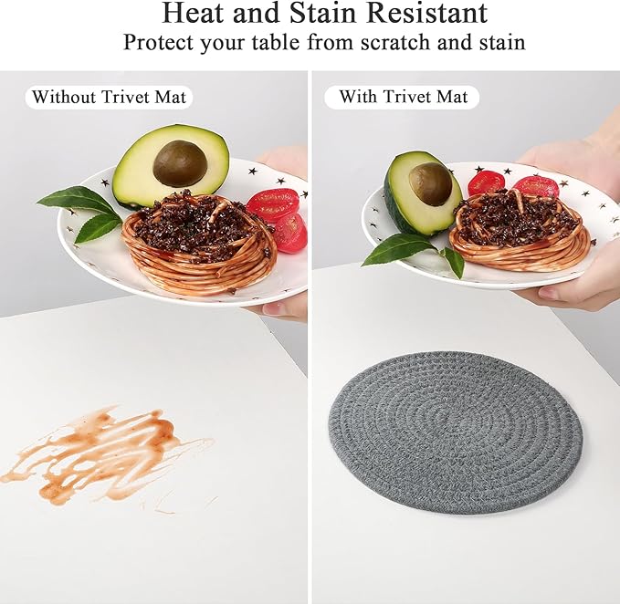 SHACOS 8 Inches Trivets for Hot Dishes, 4 Pieces Heat-Resistant Trivets Mats for Kitchen, Cotton Pot Holders for Hot Pots and Pans, Hot Pads for Countertops and Table, Gray and Light Gray