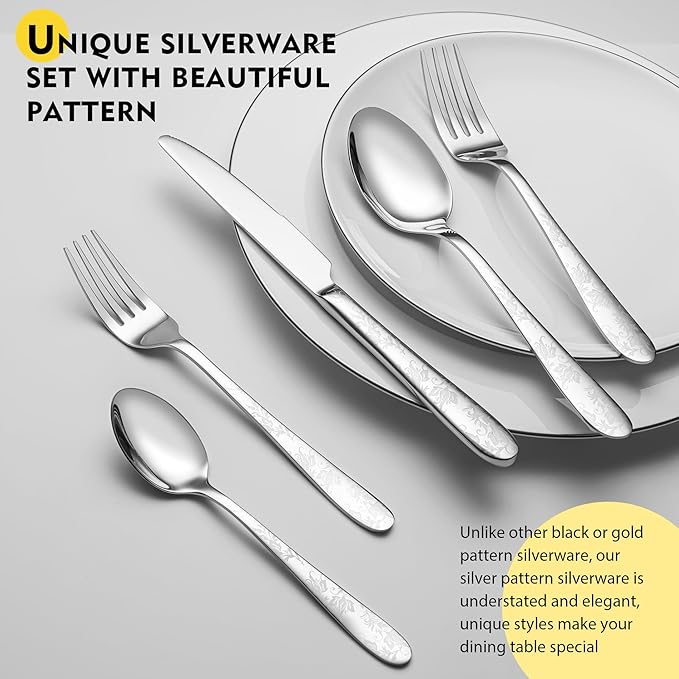 40 Piece Silverware Set, Service for 8, EIUBUIE Premium Stainless Steel Cutlery Set, Mirror Polished Flatware Sets with Pattern Handle, Modern Kitchen Eating Utensils Sets