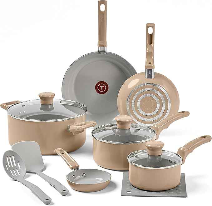 T-Fal Refresh Ceramic Nonstick Cookware Set, 12-Piece, Oven Safe to 350°F, Includes Stockpot, Griddle, Frying Pans, Utensils, Ceramic Pots and Pans Set, Sand Beige