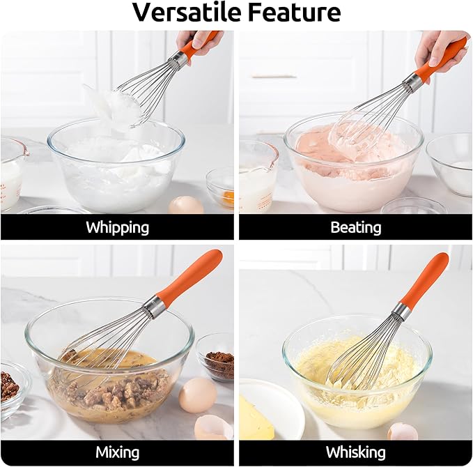 U-Taste Balloon Whisk for Cooking: 18/10 Stainless Steel Kitchen Wire Whisk, Medium Heavy Duty Egg Beater, Manual Baking Mixing Tool with 8 High Flex Wires for Stirring, Blending Sauce (Orange)