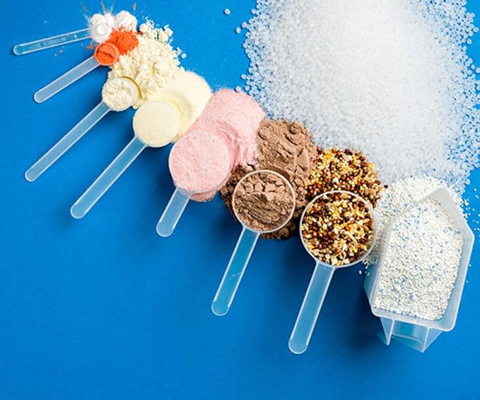 Plastic Measuring Scoop, (50 cc | 10 tsp | 3.33 Tbsp | 50 mL) Long Handle Spoons for Powders, Granules, Coffee, Pet Food, Baking Supplies, Protein and Other Dry Goods, BPA Free (Set of 5)