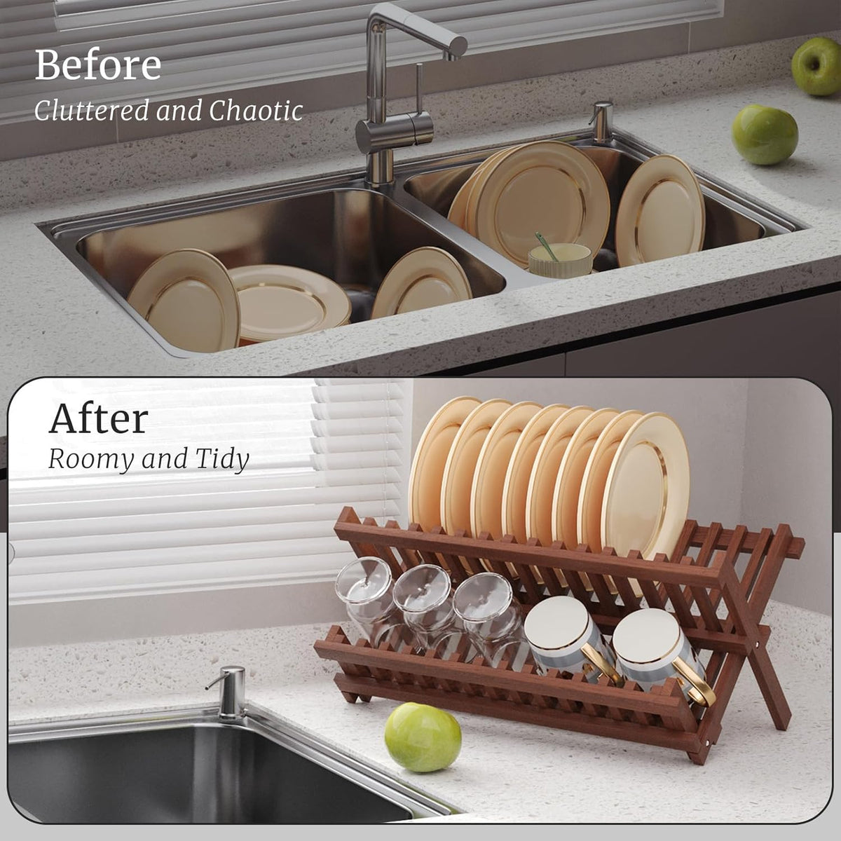 Teak Dish Drying Rack,Folding Collapsible Drainer Plate Organizer Holder for Kitchen,Foldable Spice Rack for Countertop and Cabinet,Pantry Organization and Storage