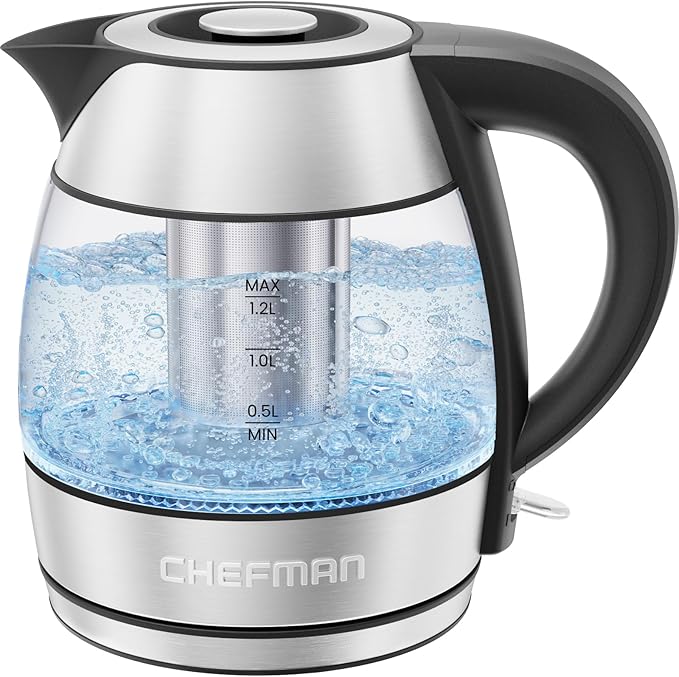 CHEFMAN Electric Kettle - 1.2L 1500W Hot Water Tea Pot with Infuser, BPA Free, Auto Shut Off, Boil-Dry Protection, Removable Lid, LED Light, Cordless Glass Electric Tea Kettle – Stainless Steel
