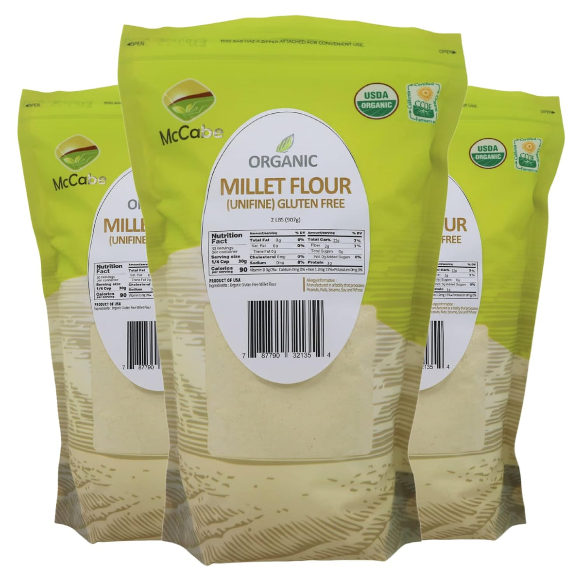 McCabe Organic Millet Flour - Millet Flour Organic | Rich with Fiber & Minerals | USDA and CCOF Certified | Product of USA | 2Lbs Pack of 3