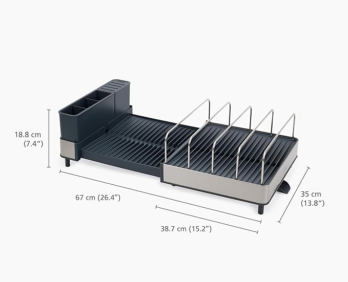 Joseph Joseph Extend Max Steel Expanding Dish Drying Rack, high Capacity for Large Items, Cutlery and Knife Holder, Swivel Draining Spout, Stainless Steel