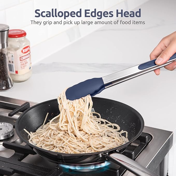 Heat Resistant Silicone Kitchen Tong: U-Taste 12 inch Large 480ºF Hot Proof Cooking Tong with Sturdy Non Stick Rubber Tips & Silicon Coated Steel Handle & Smooth Locking for Serving (Midnight Blue)