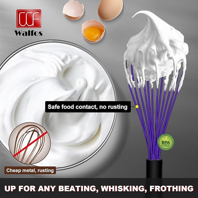 Walfos Whisk,7+9+11in Silicone Whisks for Cooking Non Scatch,Kitchen Whisk,BPA Free and Heat Resistant 480°F,Wisk Perfect for Frothing,Blending,Beating.Dishwasher Safe 3pcs Dark Purple