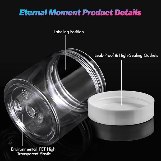 50 Pack 4 OZ Plastic Jars Round Clear Cosmetic Container with White Lids, Eternal Moment Slime Jars for Lotion, Cream, Ointments, Makeup, Eye shadow, Rhinestone, Samples, Pot, Travel Storage