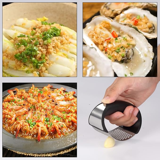 2 Pack Garlic Press Rocker, Stainless Steel Garlic Mincer with 2 Peelers, 2 Scrapers and 2 Brushes | Garlic Crusher Garlic Chopper for Smashing Garlic