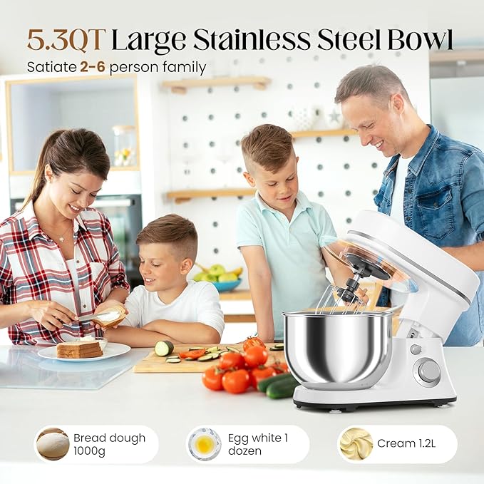 800W Stand Mixer with 5.3QT Bowl, 6-Speed with Pulse Electric Kitchen Mixer, Food Mixer with Dough Hook, Whisk, Beater Tilt-Head & Non-Slip Base for Cookie, Cake, Bread & Baking-White