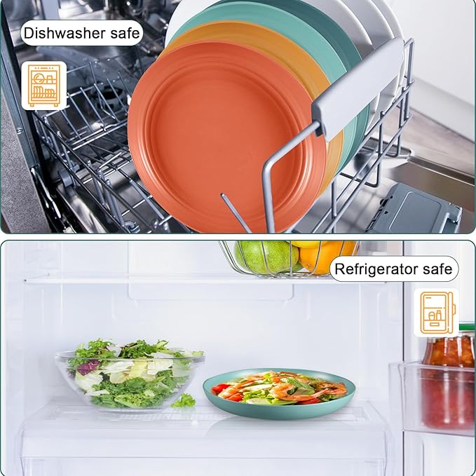 12 Pcs Unbreakable Deep Dinner Plates Set, 10 inch Reusable Plastic Wheat Straw Plates, Microwave and Dishwasher Safe Plate for Kitchen, Lightweight Plate for Dessert, BPA Free, Dark Green