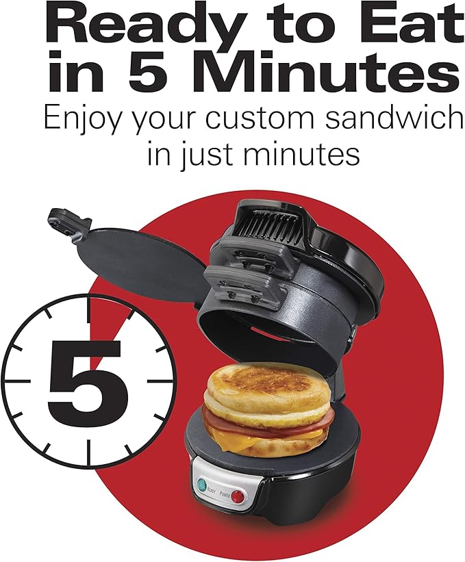 Hamilton Beach Breakfast Sandwich Maker with Egg Cooker Ring, Customize Ingredients, Perfect for English Muffins, Croissants, Mini Waffles, Perfect White Elephant Gifts, Black (25477)