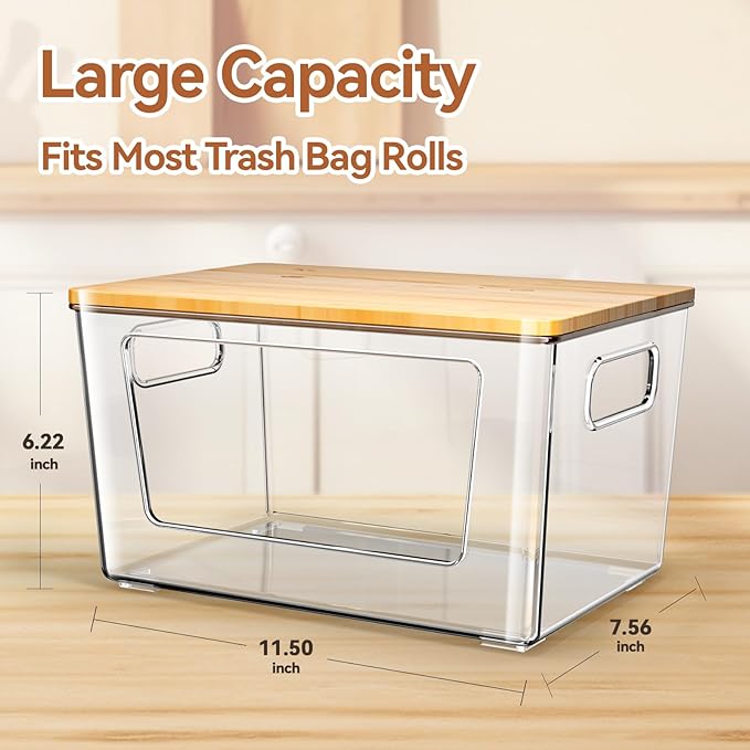 Trash Bag Holder with Bamboo Lid, Stackable Trash Bag Dispenser, Extra Large Storage for Kitchen Laundry Room Under Sink (1Pack)