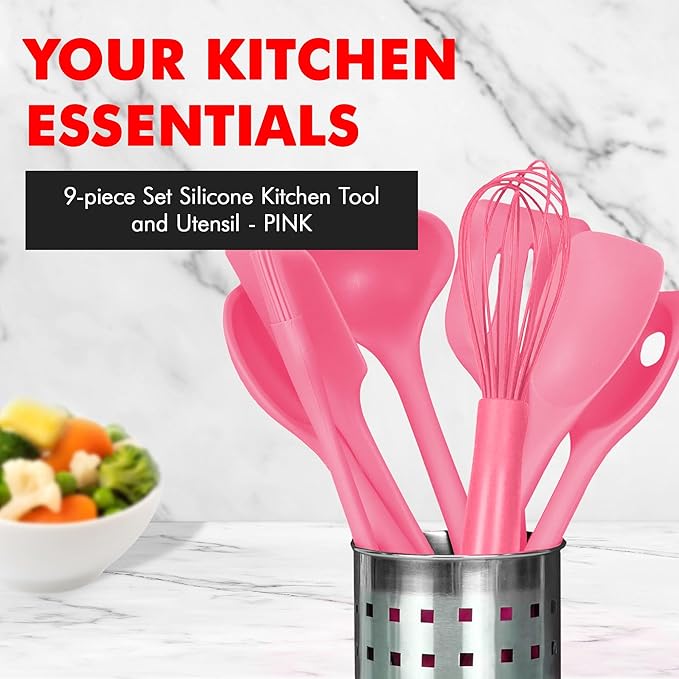 Chef Craft - Premium Silicone Kitchen Tools and Utensils Set, Non-Scratch, Withstands Temperatures up to 450°F, BPA-Free, 9 Piece Cooking Utensils Set, Pink