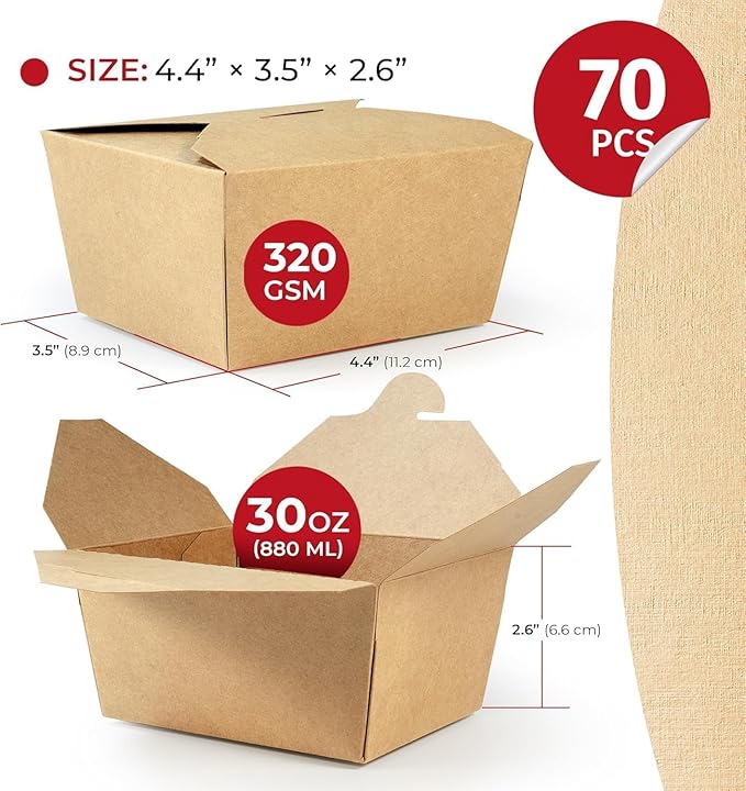 Chinese Takeout Storage Containers (70 Pack) 30oz - Kraft Brown Cardboard Paper Togo - Take Out Boxes - Biodegradable Eco To Go Food For Restaurants Catering Party