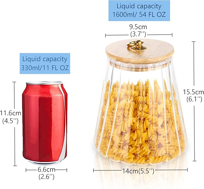 FANTESTICRYAN Glass Coffee Nuts Canister Airtight Storage Jar Petal Decorative Container with Bamboo Lid Metal Handle Easy to Grasp 1600ml, 54 FL OZ (Large Conical)