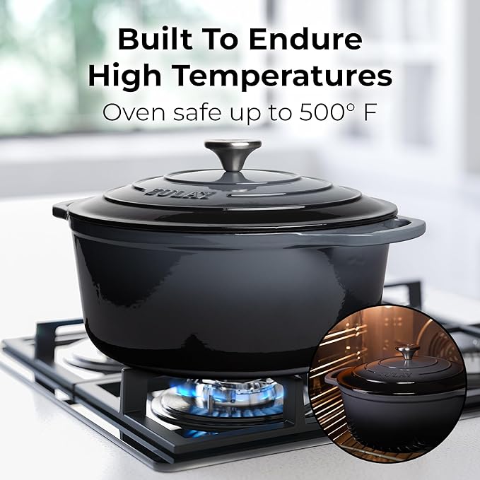 Zulay Kitchen 6 Quart Enameled Cast Iron Dutch Oven Pot with Lid – Premium Durability & Oven Safe up to 500°F – Heavy Duty Cookware Perfect for Bread Baking, Stews, Braising & Roasting – Gray