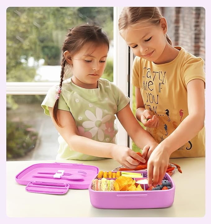 Bento Lunch Box with Kids/Adults, 5 Compartments Leakproof Lunch Container with Dressing Cup, Eco-Friendly Double Insulated Boxes, Dishwasher and Microwave Safe, BPA-Free (purple)