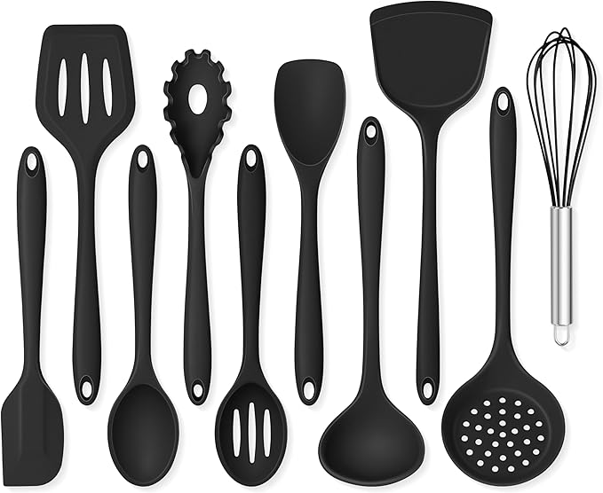 Onader Silicone Cooking Utensils Set, 10 Pieces Black Kitchen Utensils for Nonstick Cookware, Non Toxic & Dishwasher Safe