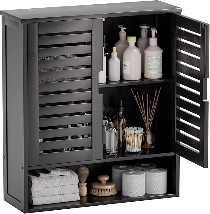 SMIBUY Bathroom Cabinet Wall Mounted, Bamboo Over-The-Toilet Storage Organizer, Space Saver Medicine Cabinet with 2 Door and Adjustable Shelves (Black)