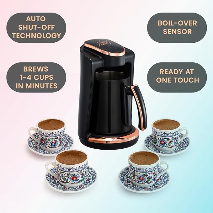 Any Morning Turkish & Greek Coffee Maker-Machine, 1 to 4 Cups Capacity, 100% BPA Free, 400W Electric Coffee Pot with Cook Sense Technology, Anti-Spill Design, Authentic Foamy Brew, Black