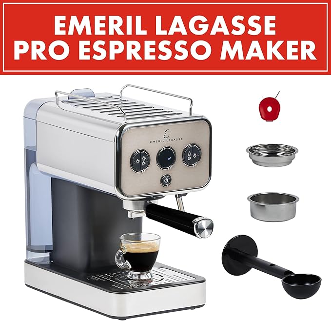 Emeril Lagasse Semi-Automatic 15-Bar Pro Espresso Machine with Milk Frother Steam Wand, Stainless Steel Finish, Double Shot, 37oz Removable Water Tank, Auto Shut-Off, 1350W
