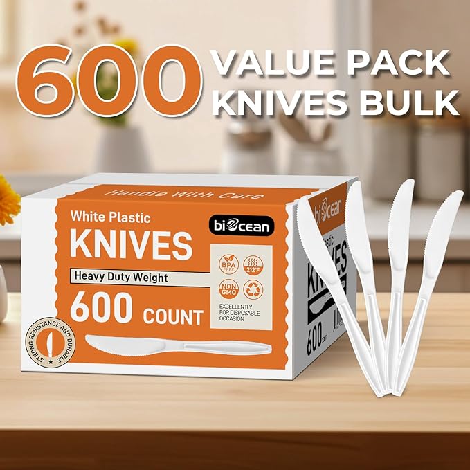 600Pack Disposable Plastic Knives Bulk White Heavy Duty Silverware - Value Pack Cutlery Set For Parties, Restaurant (600KNIVES)