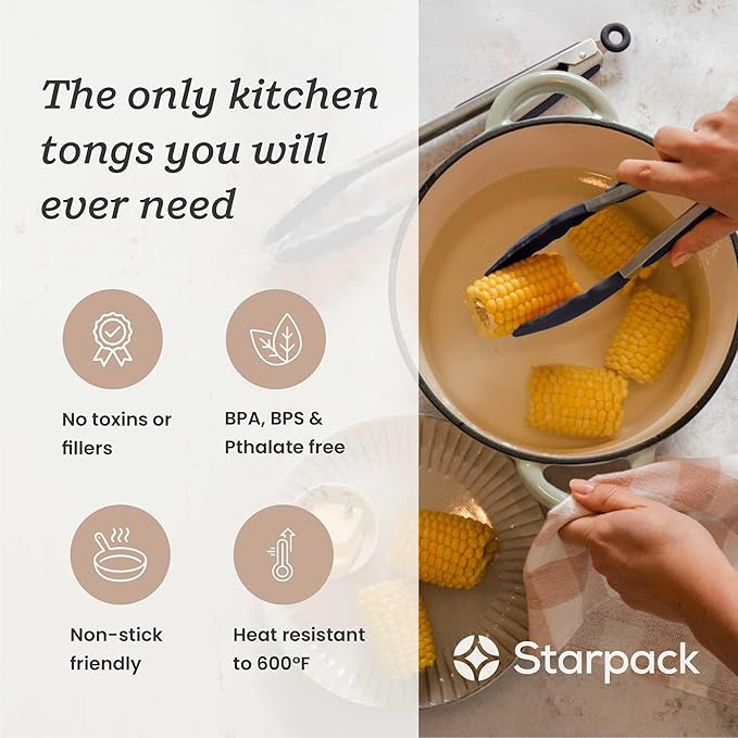 StarPack Premium Silicone Kitchen Tongs Set of 2 (9-Inch & 12-Inch) - Stainless Steel with Non-Stick Silicone Tips, High Heat Resistant to 480°F, For Cooking, Serving, Grill, BBQ & Salad (Gray Black)