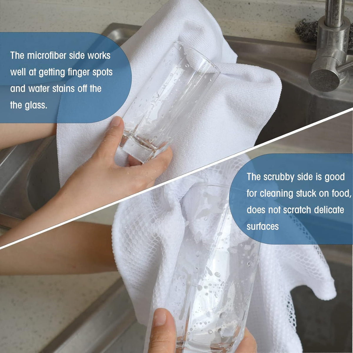 SINLAND Wholesale Microfiber Dish Cloth Best Kitchen Cloths Cleaning Cloths with Poly Scour Side 12Inchx12Inch 10 Pack White
