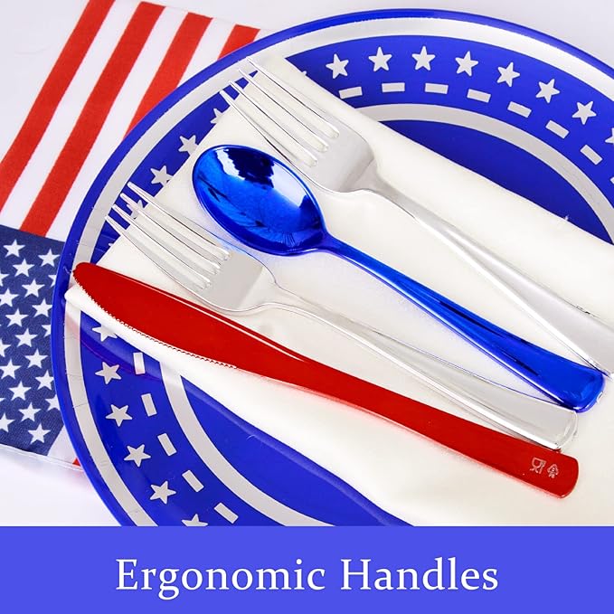 NOCCUR 180PCS Independence Day Silverware - 4th of July Tricolor Plastic Cutlery - Include 60 Red Knives, 60 Silver Forks, 60 Blue Spoons - Ideal for Independence Day