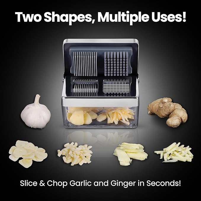 Garlic Press Stainless Steel, Garlic Chopper Mini & Slicer Super Thin 2 in 1, Odor Free Ginger Dicer With Storage Container, Dishwasher Safe Mini Chopper, Premium Mincer with 5 year warranty