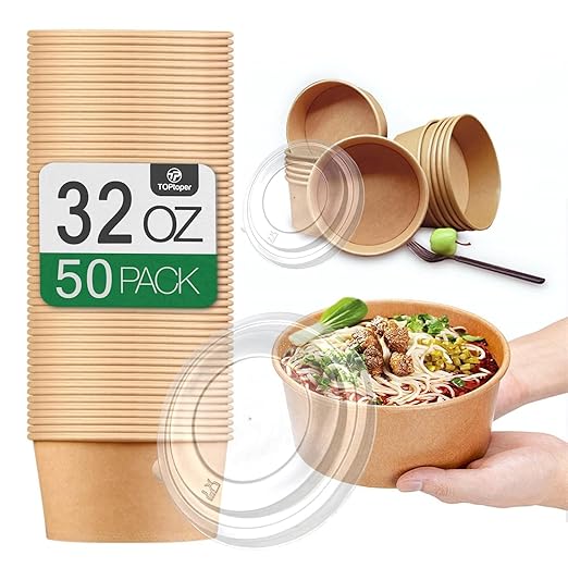 50 Pcs 32 Oz Large Paper Bowls with Lids, Disposable Soup Serving Bowls Bulk Party Supplies for Hot/Cold Food, Soup (32 OZ)