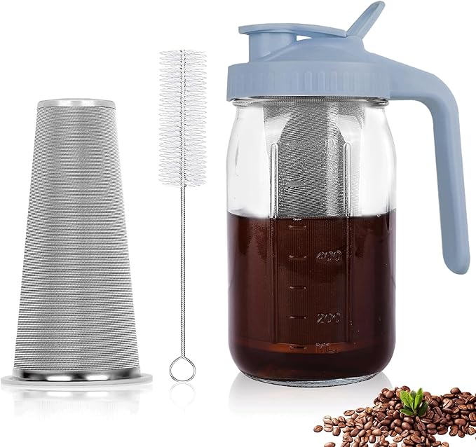 Cold Brew Coffee Maker,32 oz Mason Jar Pitcher with Stainless Steel Filter, Pour Spout Handle Lid, Heavy Duty Glass Airtight & Leak-Proof Pitcher for iced coffee Tea Lemonade-Gray