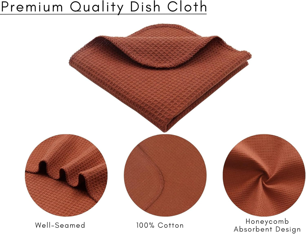 PurpleEssences Rust Dish Cloths and Dish Rags - 6 Pack Waffle Weave Solid Kitchen Dish Wash Cloths, 100% Cotton, 12 x 12 Inches, Ultra Soft Absorbent Quick Drying - Spring Summer - Rust