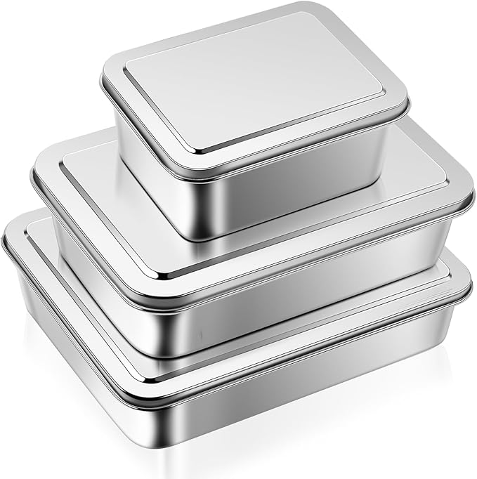 Tioncy 3 Sets Stainless Steel Cake Pan with Lid 11/9/5 Inch Rectangle Sheet Baking Pan with Covers Bakeware with Lids for Cakes Breads Casseroles Fish Vegetables and More