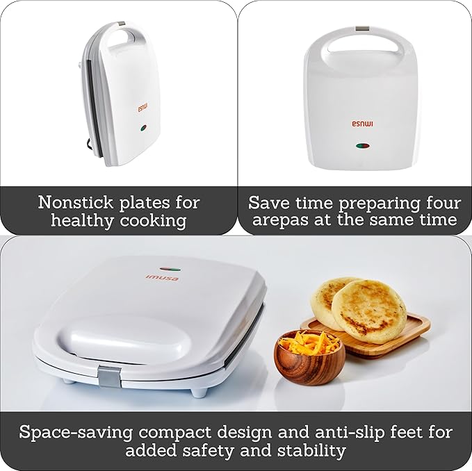 Imusa USA GAU-80300 4 Slot Electric Arepa Maker with Nonstick Surface (1,200-Watts), White