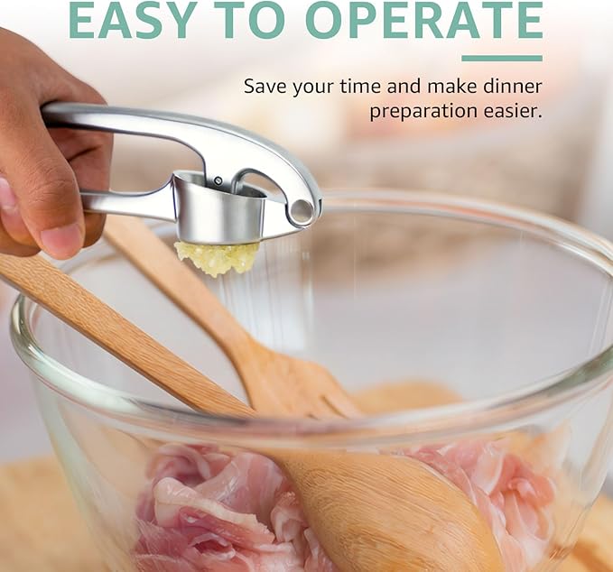 GD Garlic Press Crusher Mincer Tool - Dishwasher Safe & Rust Proof, Easy-Squeeze Garlic Smasher with Ergonomic Handle, Includes Silicone Garlic Peeler & Brush (Silver)