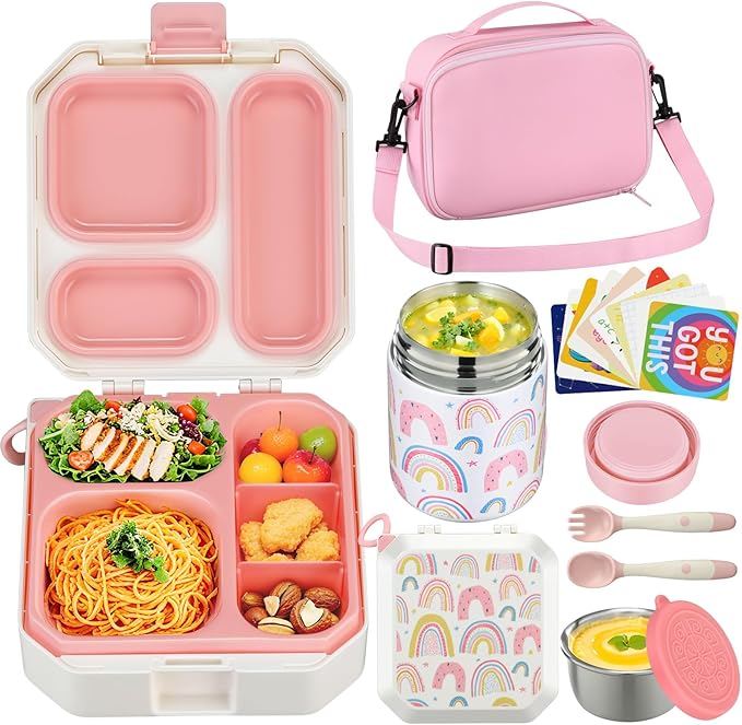 Itslife Bento Lunch Box Set for Kids with 12oz Soup Thermo&Lunch Bag, Leak-Proof Lunch Food Containers for Kids School, 5 Compartment, Sauce Cup, 10 Notes (Rainbow White)