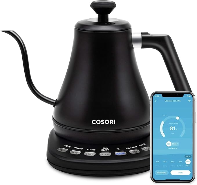 COSORI Electric Gooseneck Kettle Smart Bluetooth with Variable Temperature Control, Pour Over Coffee & Tea Maker, 100% Stainless Steel, Quick Heating, Matte Black