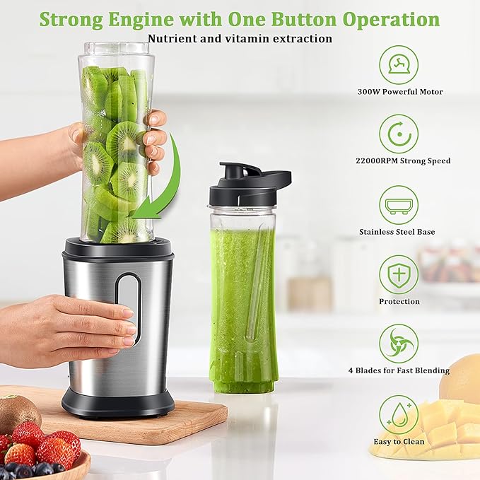 Electric Smoothie Blender, Powerful Small Blender with 2 Portable 20oz Tritan blender Bottles, BPA-Free with 4 Stainless Steel Blades, Mixer Smoothie Maker for Shakes and Smoothies