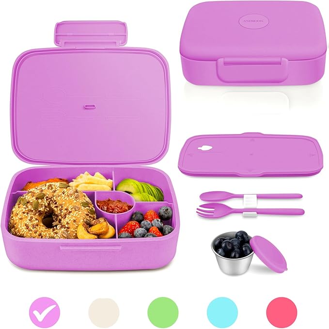 Bento Lunch Box with Kids/Adults, 5 Compartments Leakproof Lunch Container with Dressing Cup, Eco-Friendly Double Insulated Boxes, Dishwasher and Microwave Safe, BPA-Free (purple)