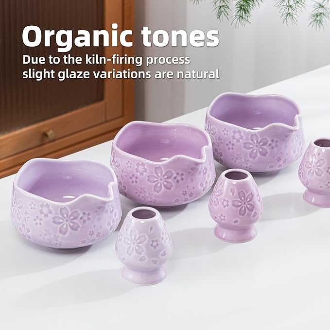 TEANAGOO 7-PCS Purple Matcha Whisk Set with Cherry Blossom Design, Complete Ceremony Kit, Ceramic Chawan Bowl with Spout, Whisk & Accessories, Traditional Matcha Tea Set for Lattes& Gift Giving