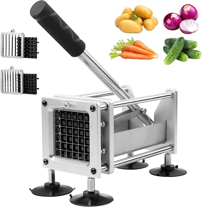 French Fry Cutter, Professional Potato Cutter Slicer, Stainless Steel Blades with 1/2 Inch & 3/8 Inch Blade, Great for Potatoes Carrots Cucumbers
